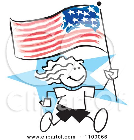 Clipart Sticker Girl Running With An American Flag Over A Blue Star - Royalty Free Vector Illustration by Johnny Sajem