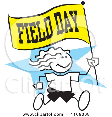 Clipart Sticker Girl Running With A Field Day Flag Over A Blue Star - Royalty Free Vector Illustration by Johnny Sajem
