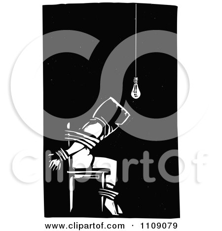 Clipart Man Being Tortured And Tied To A Chair Black And White Woodcut - Royalty Free Vector Illustration by xunantunich