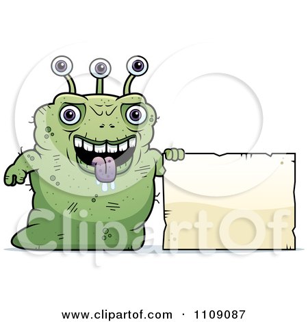 Clipart Ugly Green Alien With A Sign - Royalty Free Vector Illustration by Cory Thoman