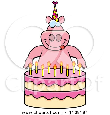Clipart Pig Making A Wish Over Candles On A Birthday Cake - Royalty Free Vector Illustration by Cory Thoman
