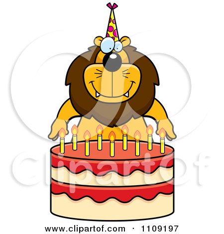 Clipart Lion Making A Wish Over Candles On A Birthday Cake - Royalty Free Vector Illustration by Cory Thoman