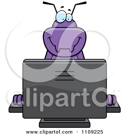Clipart Purple Bug Using A Computer - Royalty Free Vector Illustration by Cory Thoman