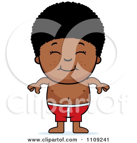 Clipart Happy Black Boy In Swim Trunks - Royalty Free Vector Illustration by Cory Thoman