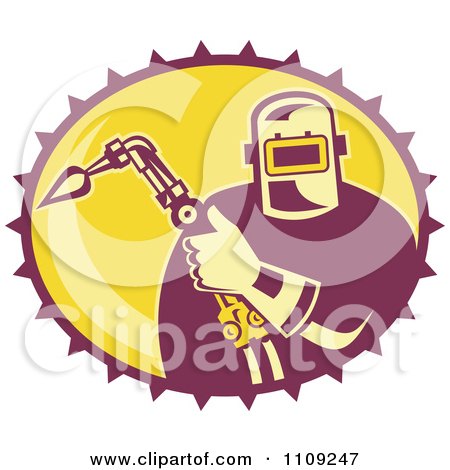Clipart Retro Fabricator Holding A Welding Torch In A Yellow Oval - Royalty Free Vector Illustration by patrimonio