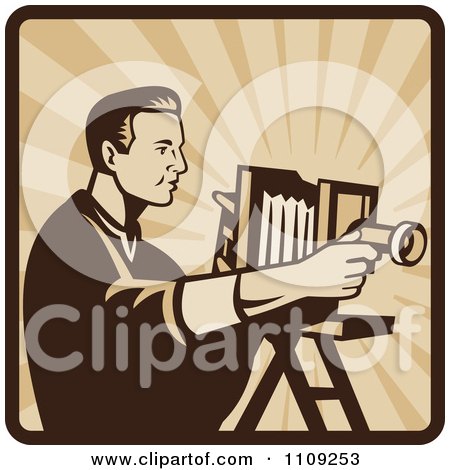 Clipart Retro Male Photographer Shooting With An Antique Bellows Camera On A Square Of Rays - Royalty Free Vector Illustration by patrimonio