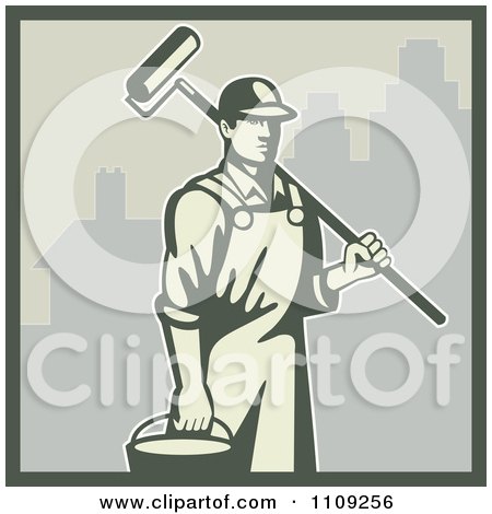 Clipart Retro House Painter Carrying A Bucket And Roller Brush In A City - Royalty Free Vector Illustration by patrimonio