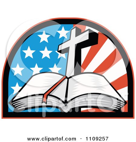 Clipart Retro Open Holy Bible With A Cross Over An American Flag Arch - Royalty Free Vector Illustration by patrimonio
