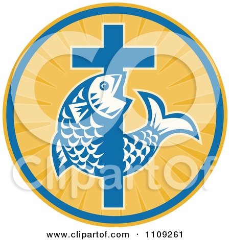 Clipart Retro Christian Fish And Cross In A Ray Circle - Royalty Free Vector Illustration by patrimonio