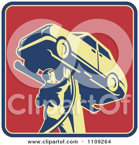 Clipart Retro Auto Mechanic Working On A Car On A Lift On A Red Square - Royalty Free Vector Illustration by patrimonio