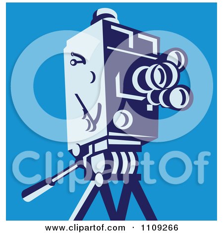 Clipart Retro Movie Video Camera On A Tripod Over Blue - Royalty Free Vector Illustration by patrimonio