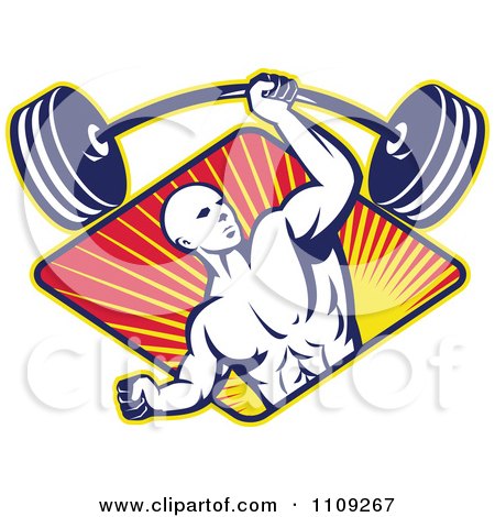 Clipart Retro Bodybuilder Lifting A Barbell With One Hand Over A Diamond Of Rays - Royalty Free Vector Illustration by patrimonio