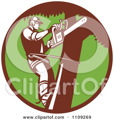 Clipart Retro Arborist Tree Trimmer Using A Saw In A Green Circle - Royalty Free Vector Illustration by patrimonio
