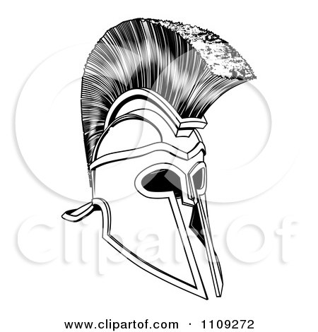 Clipart Black And White Ancient Corinthian Or Spartan Helmet - Royalty Free Vector Illustration by AtStockIllustration