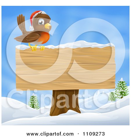Clipart Christmas Robin With A Santa Hat Perched On A Blank Wooden Sign In The Snow - Royalty Free Vector Illustration by AtStockIllustration