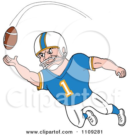 Clipart Caucasian American Football Player Receiver In A Blue Jersey Catching A Ball - Royalty Free Vector Illustration by LaffToon