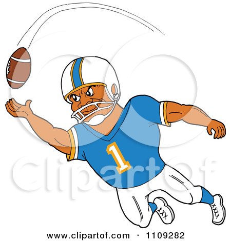 Clipart Black American Football Player Receiver In A Blue Jersey Catching A Ball - Royalty Free Vector Illustration by LaffToon