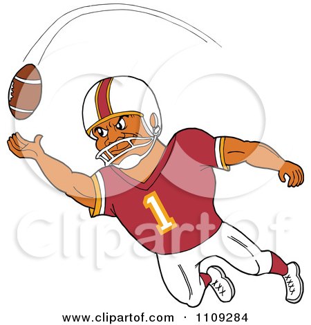Clipart Black American Football Player Receiver In A Burgundy Jersey Catching A Ball - Royalty Free Vector Illustration by LaffToon