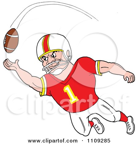 Clipart Caucasian American Football Player Receiver In A Red Jersey Catching A Ball - Royalty Free Vector Illustration by LaffToon