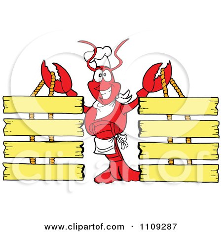 Clipart Chef Lobster Holding Up Six Menu Shingles - Royalty Free Vector Illustration by LaffToon