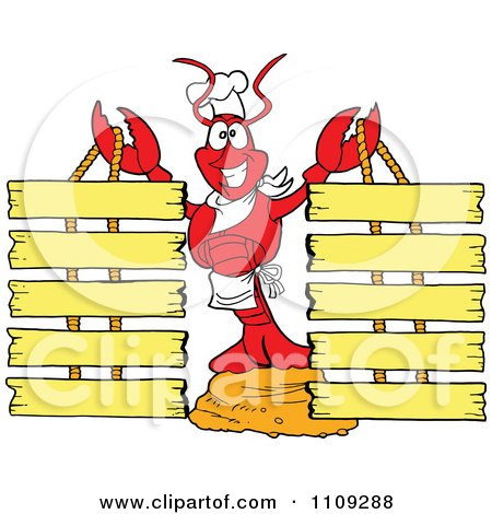 Clipart Chef Lobster Holding Up Eight Menu Shingles - Royalty Free Vector Illustration by LaffToon