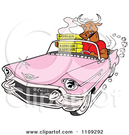 Clipart Barbeque Delivery Bull Driving A Pink Cadillac Convertible - Royalty Free Vector Illustration by LaffToon
