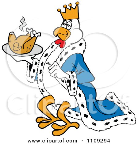 Clipart King Chicken Carrying A Roasted Bird On A Tray - Royalty Free Vector Illustration by LaffToon