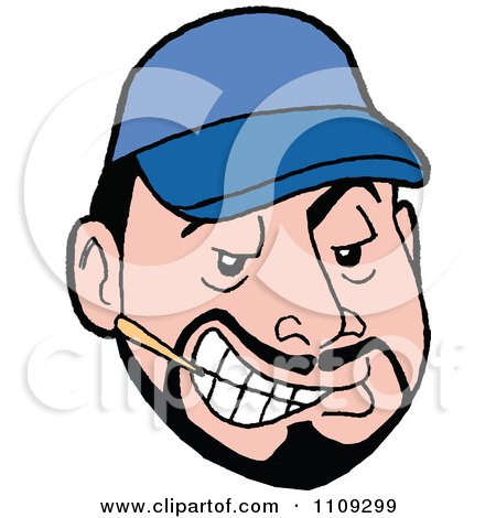 Clipart Sly Caucasian Man With A Goatee Wearing A Blue Baseball Cap And Chewing A Toothpick  - Royalty Free Vector Illustration by LaffToon