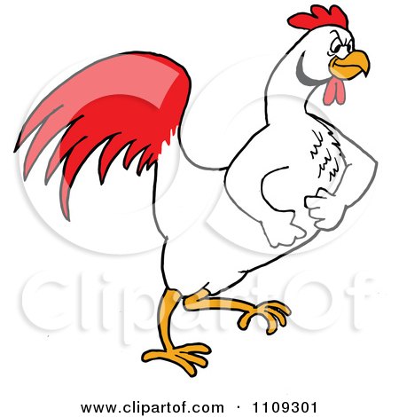 Clipart Tough White Rooster Marching To The Right - Royalty Free Vector Illustration by LaffToon
