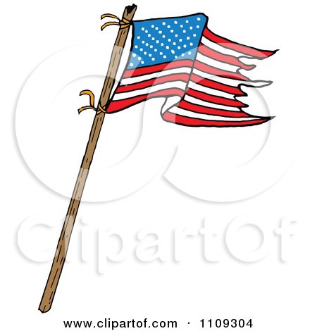 Clipart Waving American Flag With Tattered Edges On A Stick - Royalty Free Vector Illustration by LaffToon