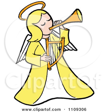 Clipart Blond Angel In Yellow Playing A Horn And Holding A Lyre - Royalty Free Vector Illustration by LaffToon