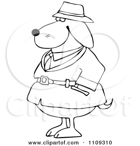 Clipart Outlined Investigator Dog In A Trench Coat - Royalty Free Vector Illustration by djart