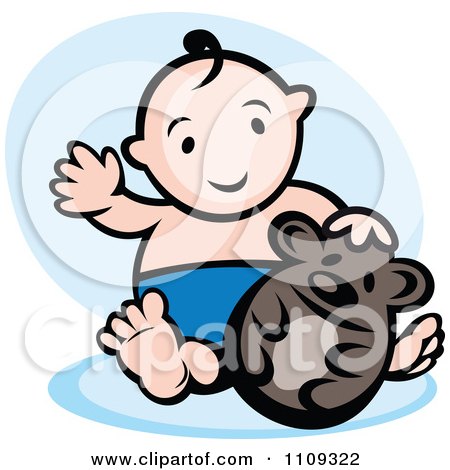 Clipart Happy Baby Playing With A Toy Bear Over Blue - Royalty Free Vector Illustration by Vector Tradition SM