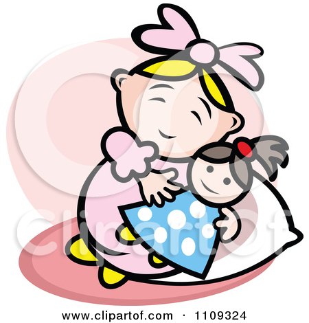 Clipart Happy Baby Playing With A Doll Over Pink - Royalty Free Vector Illustration by Vector Tradition SM
