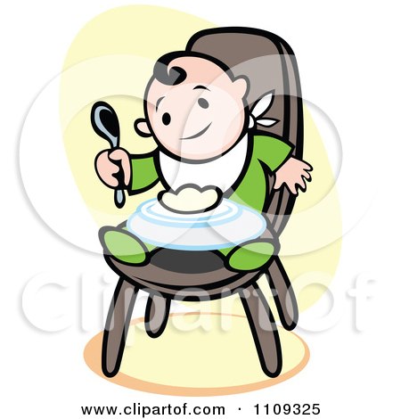 Clipart Happy Baby Eating In A High Chair Over Yellow - Royalty Free Vector Illustration by Vector Tradition SM