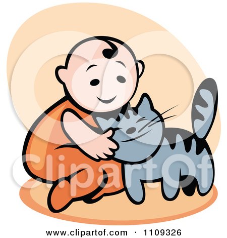 Clipart Happy Baby Petting A Cat Over Beige - Royalty Free Vector Illustration by Vector Tradition SM