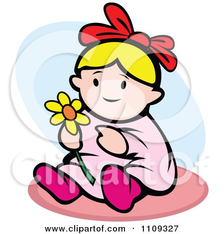 Clipart Happy Baby Playing With A Flower Over Blue - Royalty Free Vector Illustration by Vector Tradition SM