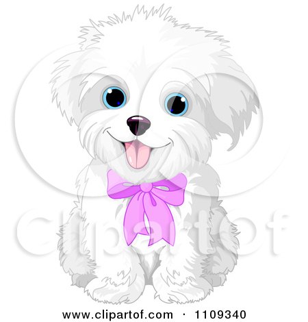 Clipart Cute Bichon Frise Or Maltese Puppy Dog Wearing A Pink Bow - Royalty Free Vector Illustration by Pushkin