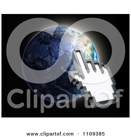 Clipart 3d Hand Shaped Computer Cursor Pointing A Globe - Royalty Free CGI Illustration by Mopic