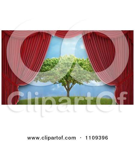 Clipart 3d Red Theater Curtains Revealing A Tree Stage Set - Royalty Free CGI Illustration by Mopic