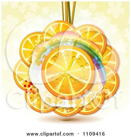 Clipart Juicy Orange Slice Under A Clover Rainbow On Other Clies Over Shamrocks On Yellow - Royalty Free Vector Illustration by merlinul