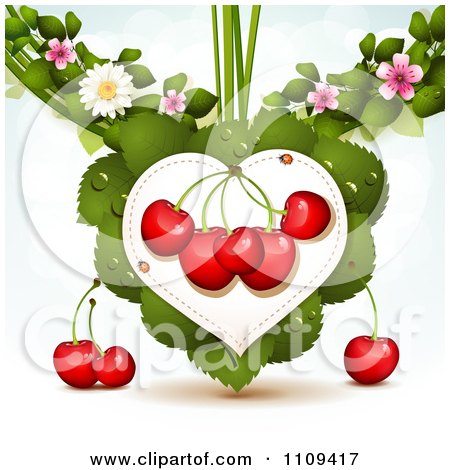 Clipart Bing Cherries On A Leaf Heart With Blossoms Over Blue With Flares - Royalty Free Vector Illustration by merlinul