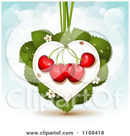 Clipart Bing Cherries On A Leaf Heart Over Blue With Flares - Royalty Free Vector Illustration by merlinul