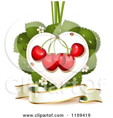 Clipart Bing Cherries On A Blossom Leaf Heart Over A Banner - Royalty Free Vector Illustration by merlinul