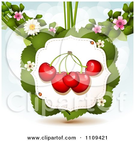 Clipart Bing Cherries On Leaves With Blossoms And Ladybugs Over Blue With Flares - Royalty Free Vector Illustration by merlinul