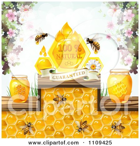 Clipart Honey Bees With Jars Blossoms And A Natural Guaranteed Banner - Royalty Free Vector Illustration by merlinul