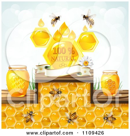 Clipart Honey Bees With Jars And A Natural Banner - Royalty Free Vector Illustration by merlinul