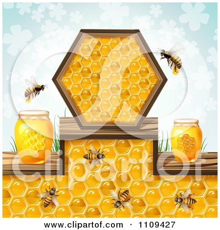 Clipart Honey Bees With Jars Over A Pattern Of Blue Clovers - Royalty Free Vector Illustration by merlinul