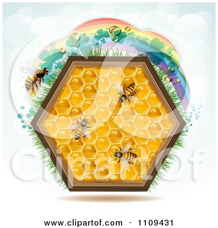 Clipart Honey Comb Hexagon With Bees And A Clover Rainbow On Blue - Royalty Free Vector Illustration by merlinul