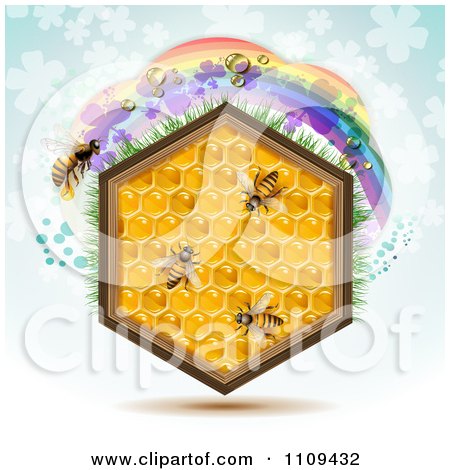 Clipart Honeycomb Hexagon With Bees And A Clover Rainbow On Blue - Royalty Free Vector Illustration by merlinul